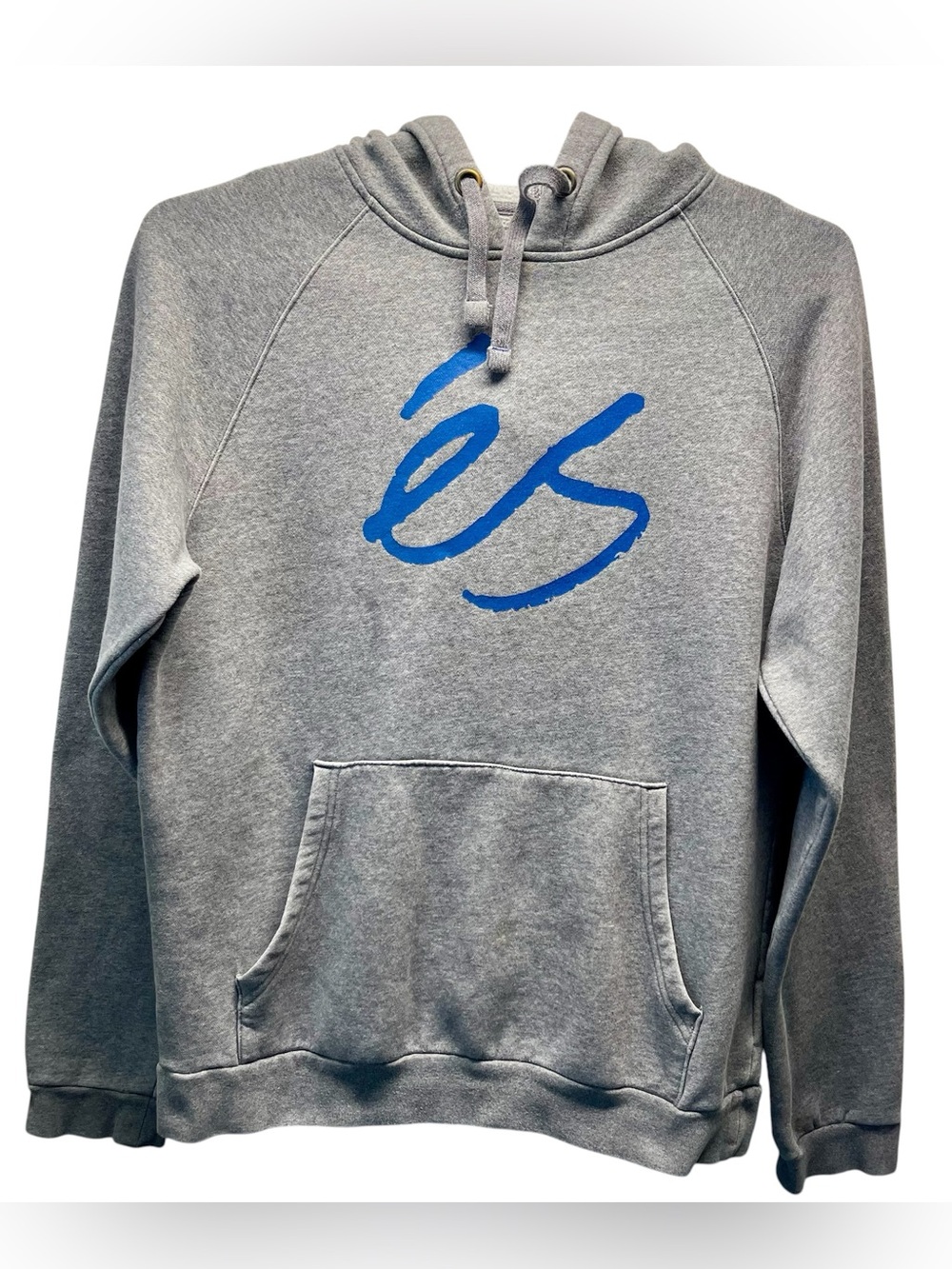 ES Skateboarding Script Hoodie Size Large Heather Grey With Blue Logo